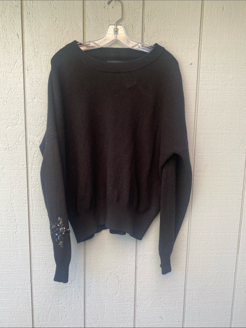 Zadig & Voltaire Black Wool Crewneck Sweater with Sequin Sleeve Detail